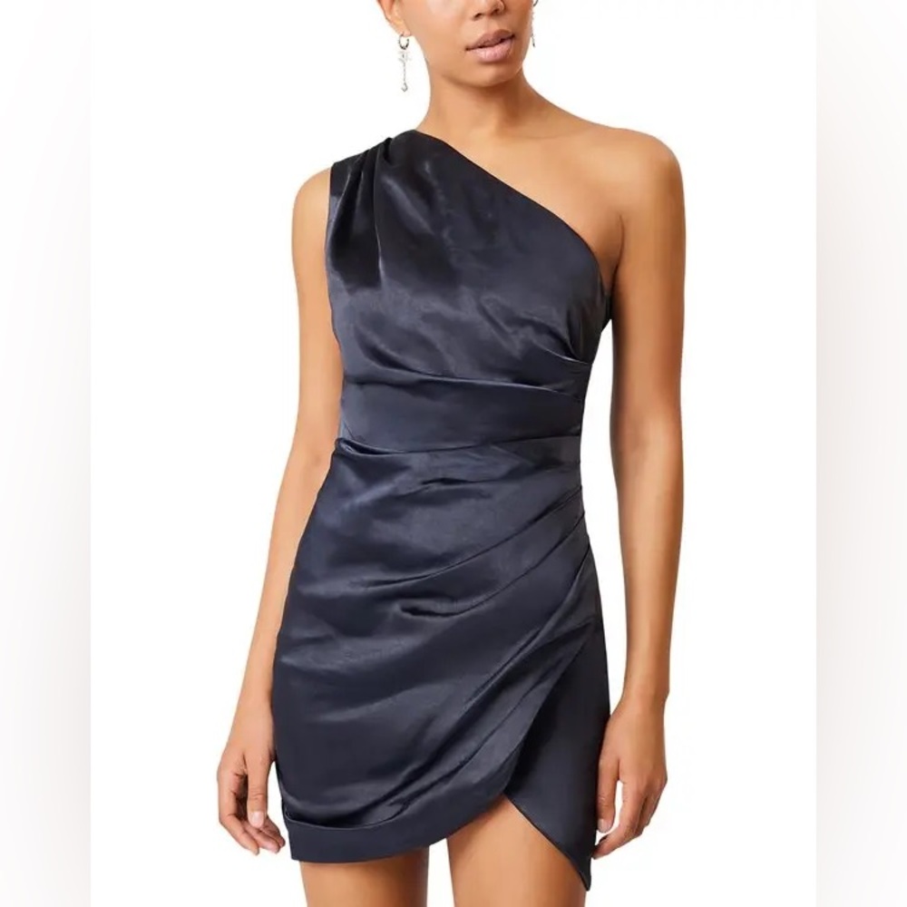 Elliatt One-Shoulder Satin Mini Dress in Navy